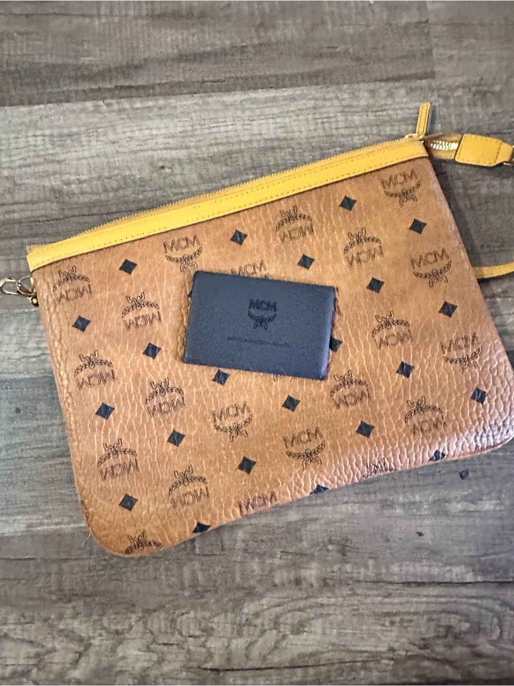 MCM Cognac Visetos Logo Pouch with Yellow Trim and Black Patch